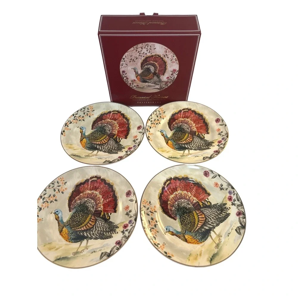 Pottery Barn Botanical Harvest Salad Plates Set of‎ 4 New Turkey Floral 8.75